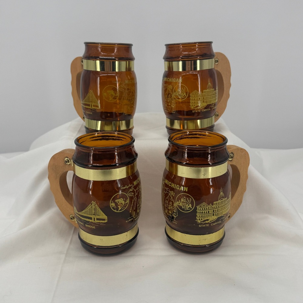 Vintage Michigan Souvenir Amber Glass Barrel Mugs Wood Handle Set of 4 Mackinac